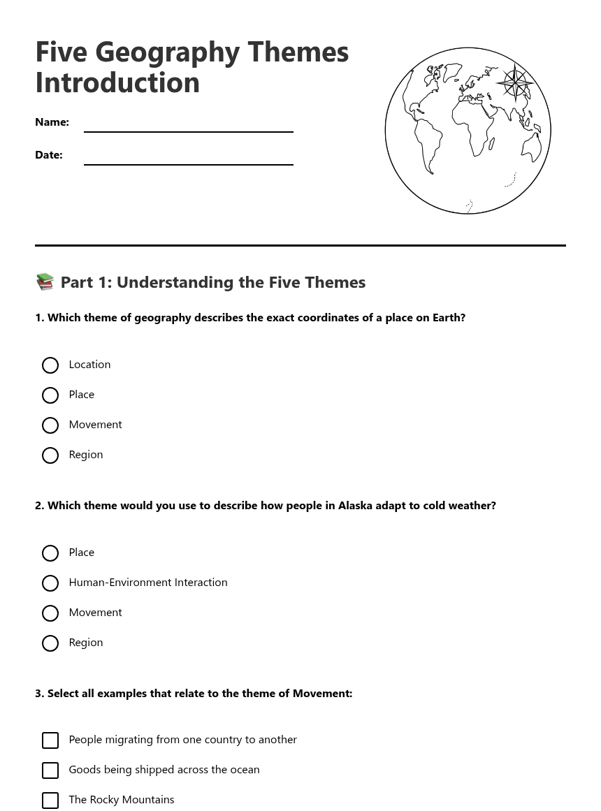 Five Geography Themes Introduction worksheet preview