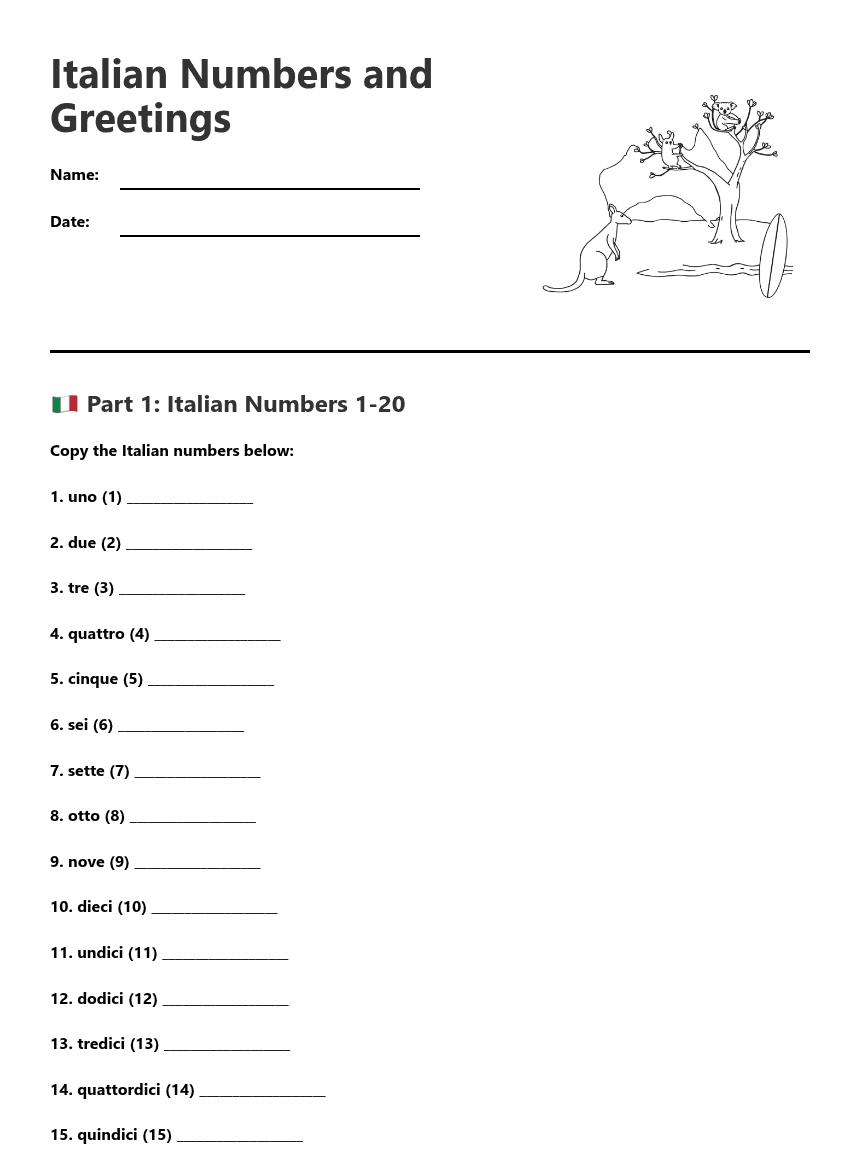 Italian Numbers and Greetings worksheet preview