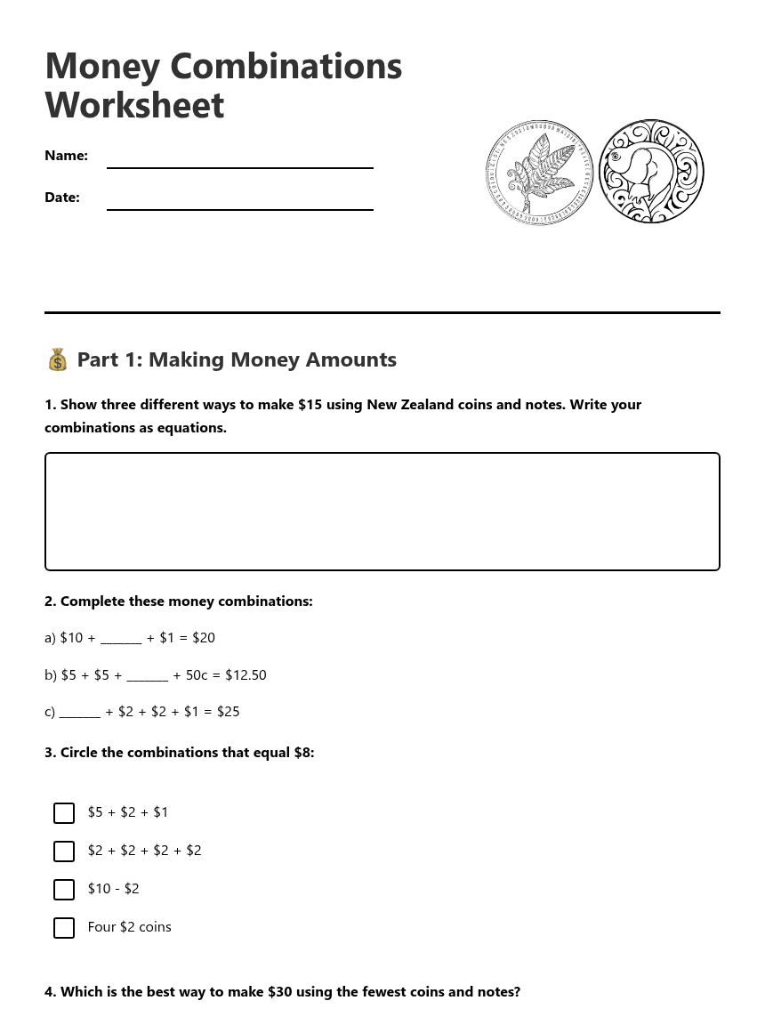 Money Combinations Worksheet worksheet preview
