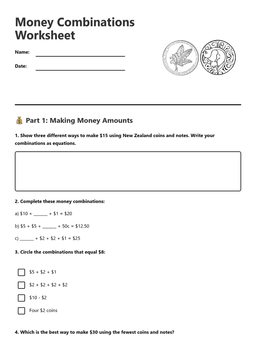 Money Combinations Worksheet