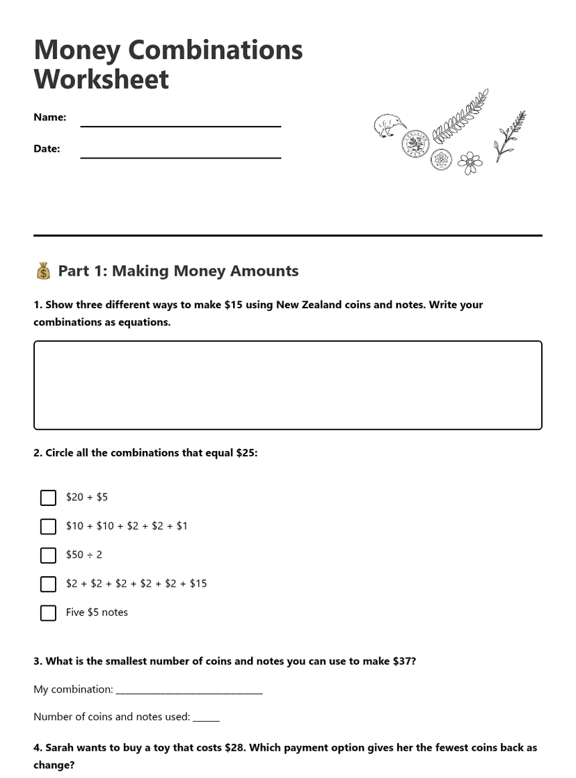 Money Combinations Worksheet