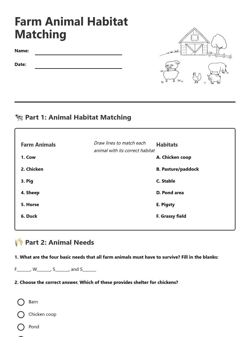 Farm Animal Habitat Matching worksheet preview