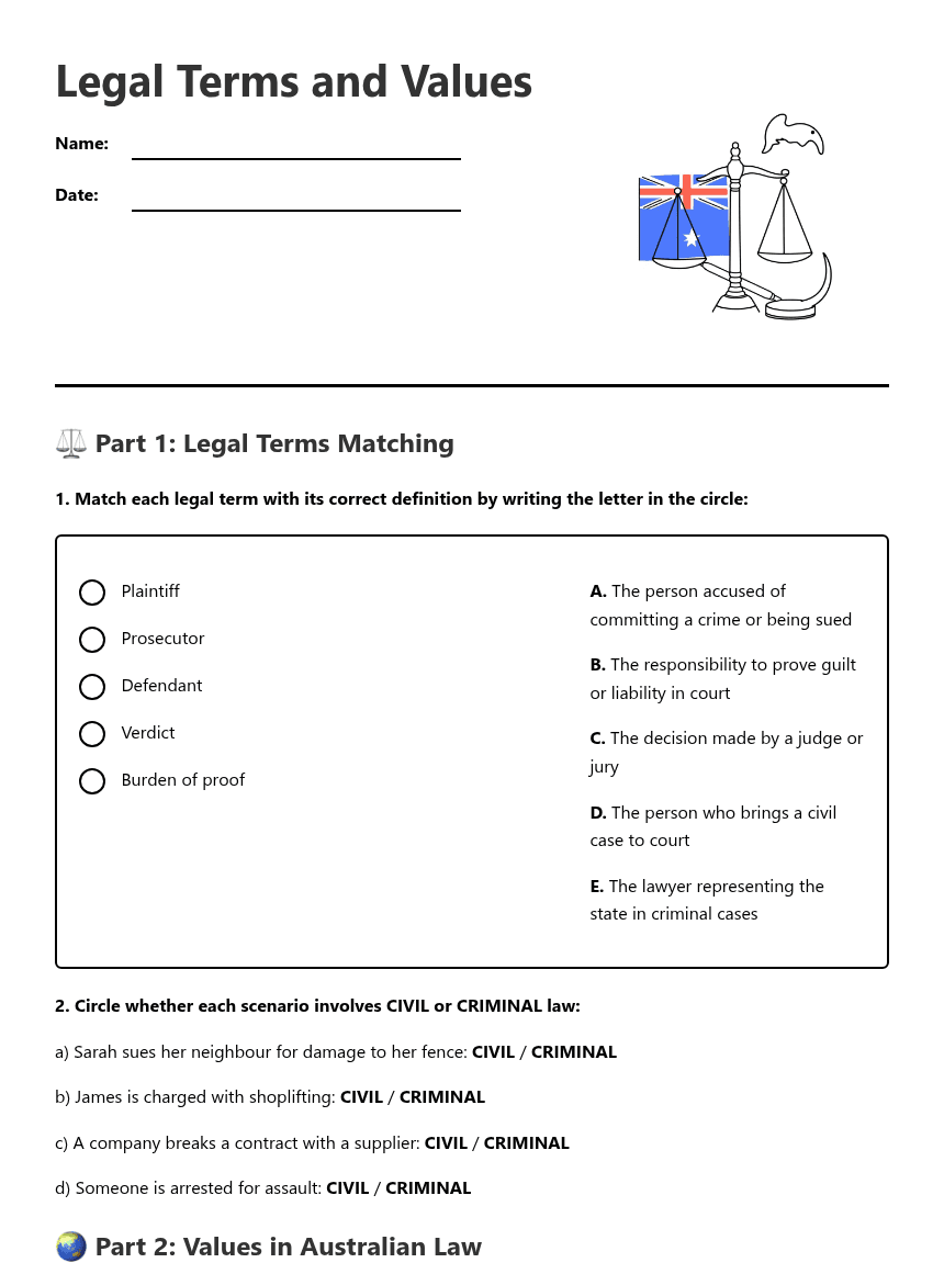Legal Terms and Values worksheet preview