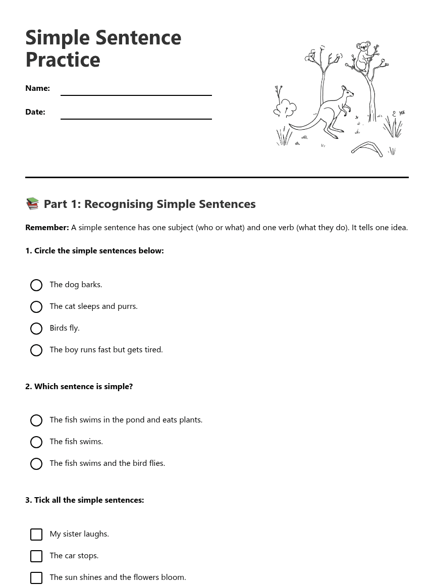 Simple Sentence Practice worksheet preview