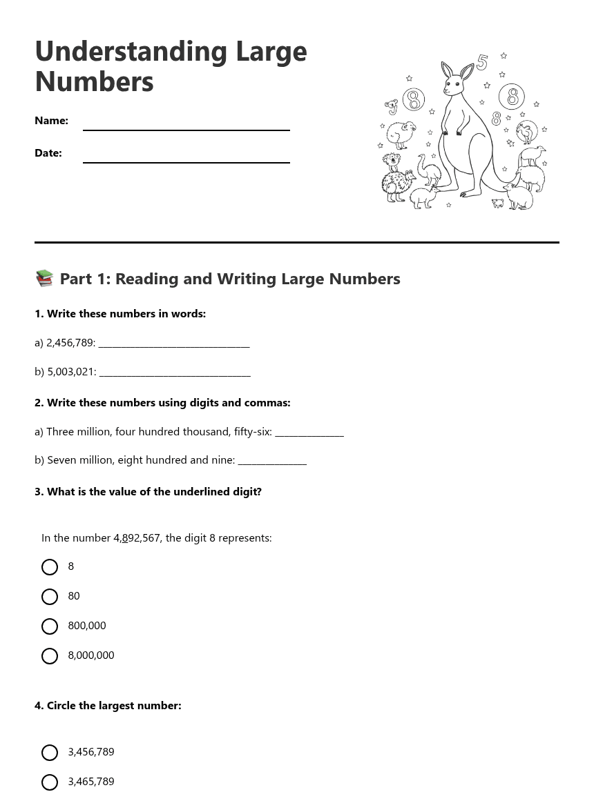 Understanding Large Numbers worksheet preview