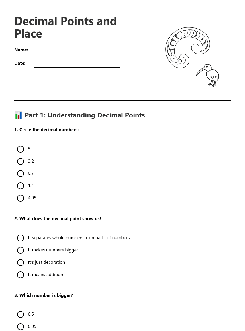 Decimal Points and Place worksheet preview