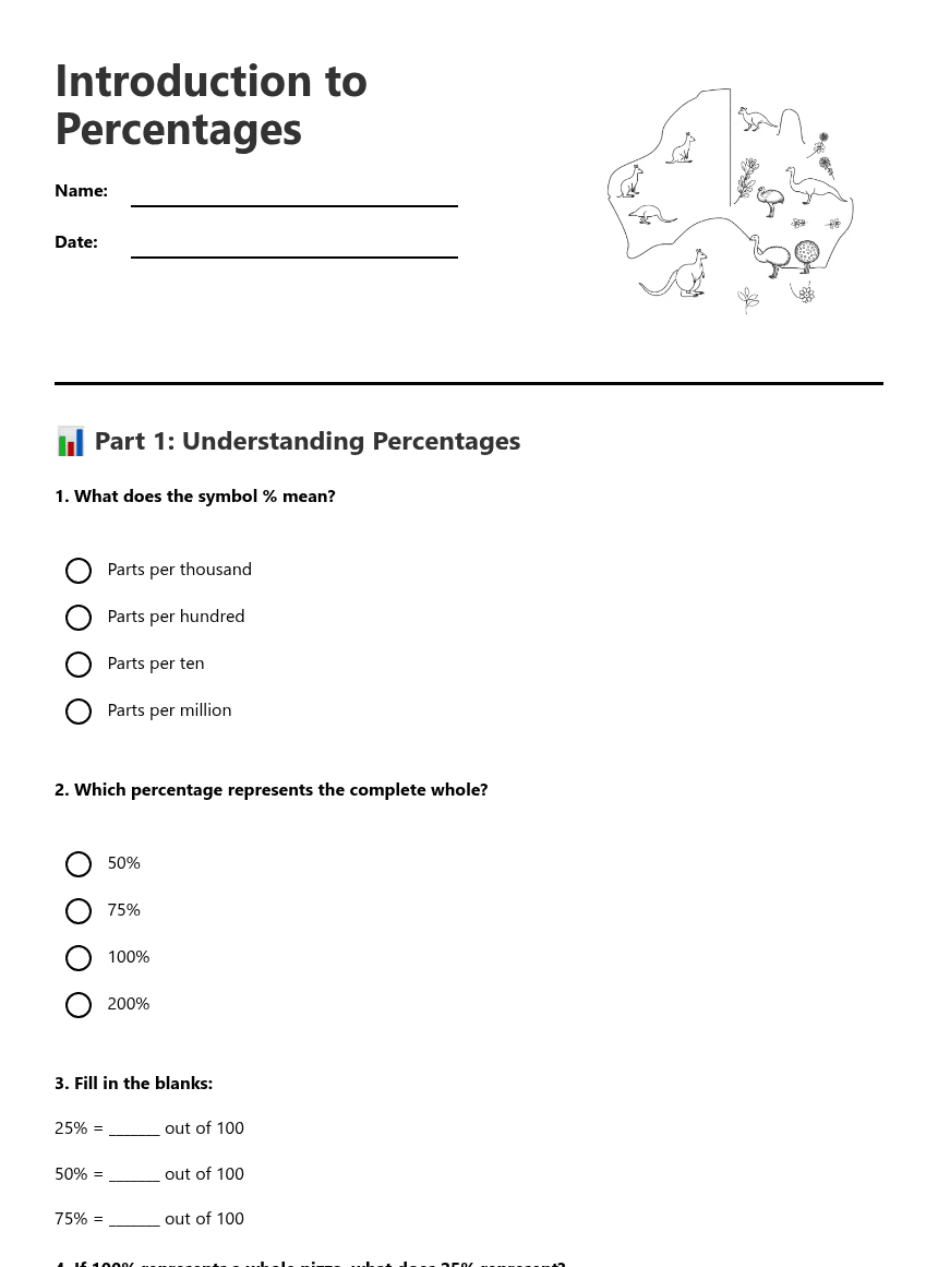 Introduction to Percentages worksheet preview