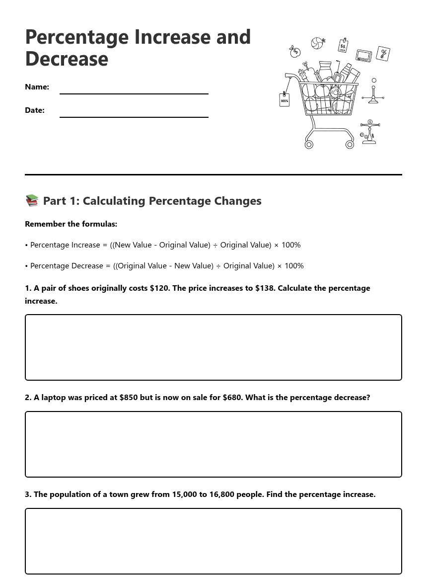 Percentage Increase and Decrease worksheet preview
