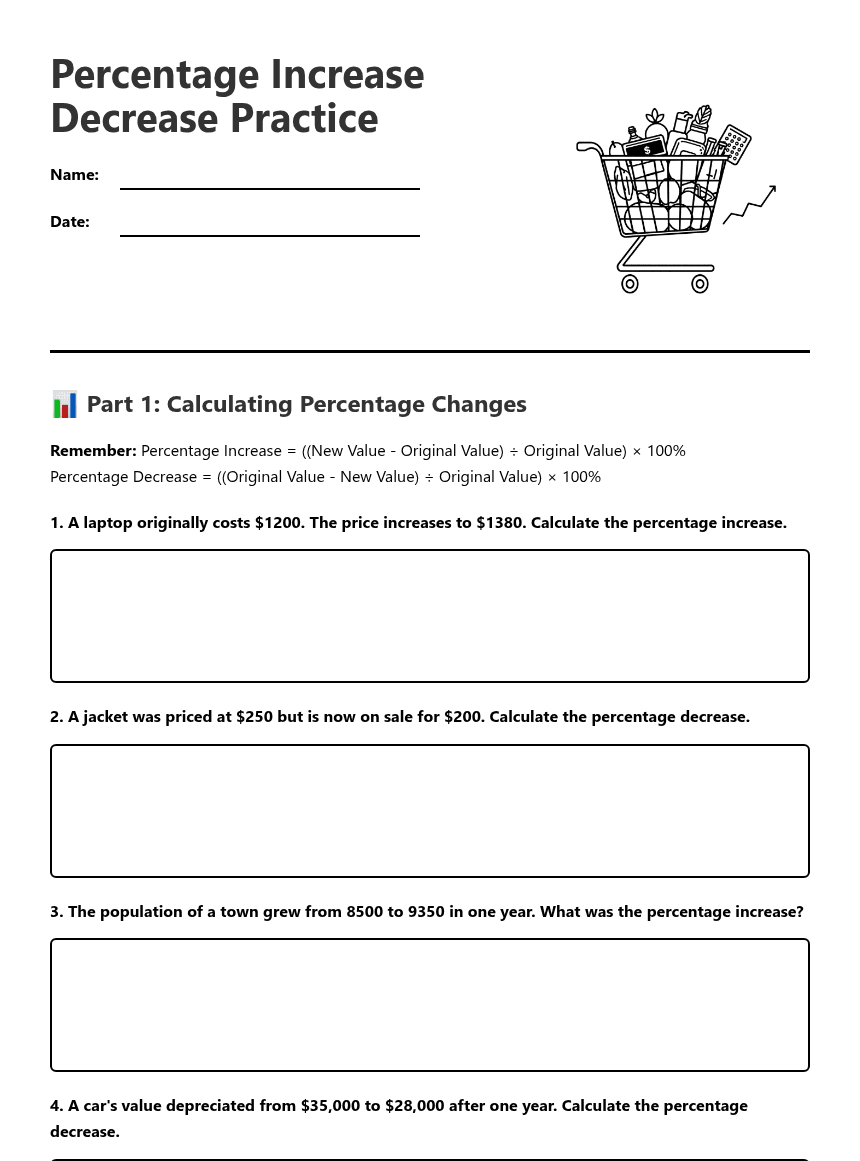 Percentage Increase Decrease Practice worksheet preview