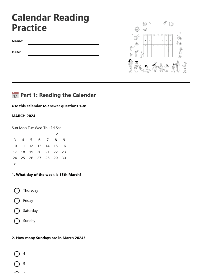 Calendar Reading Practice worksheet preview