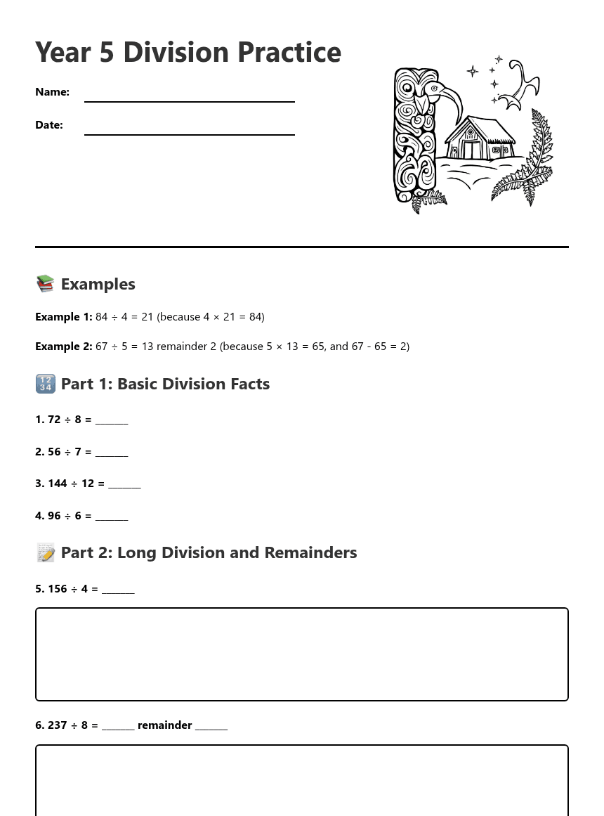 Year 5 Division Practice worksheet preview