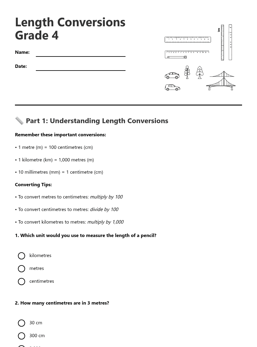 Length Conversions Grade 4 worksheet preview