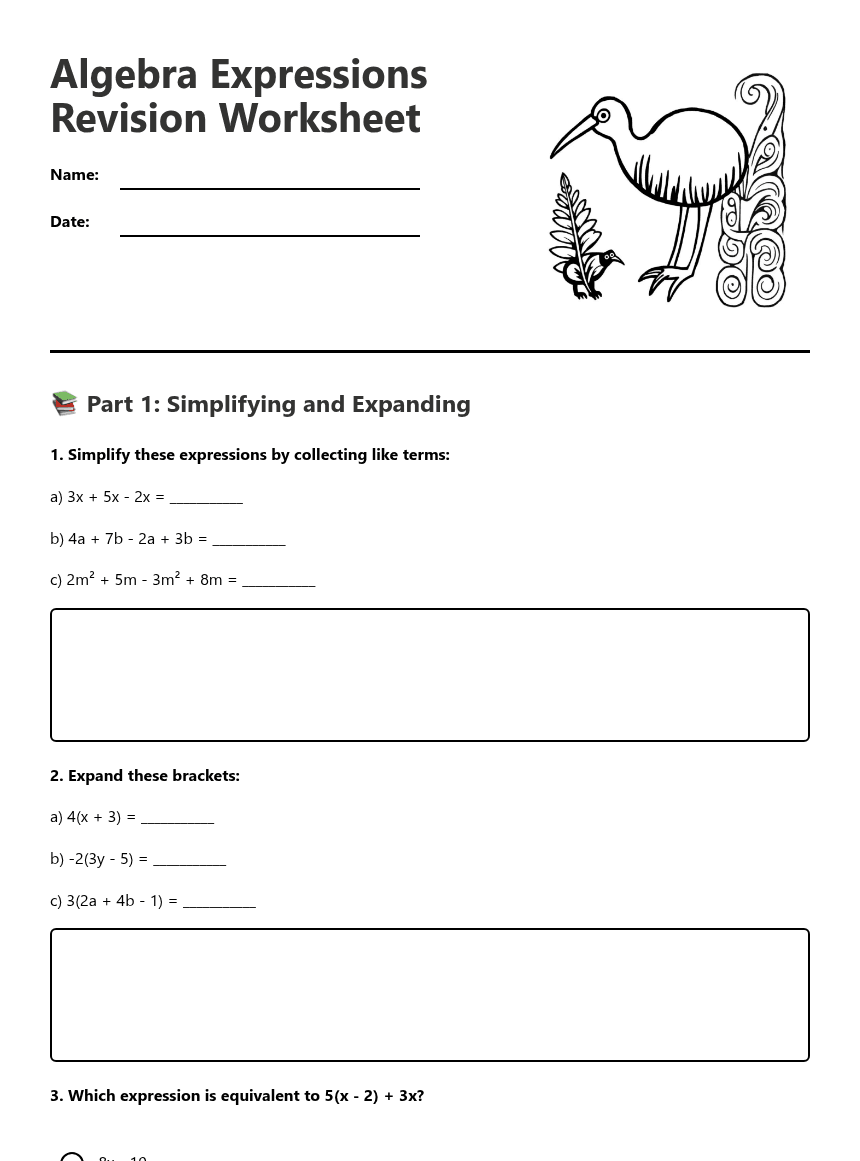 Algebra Expressions Revision Worksheet worksheet preview
