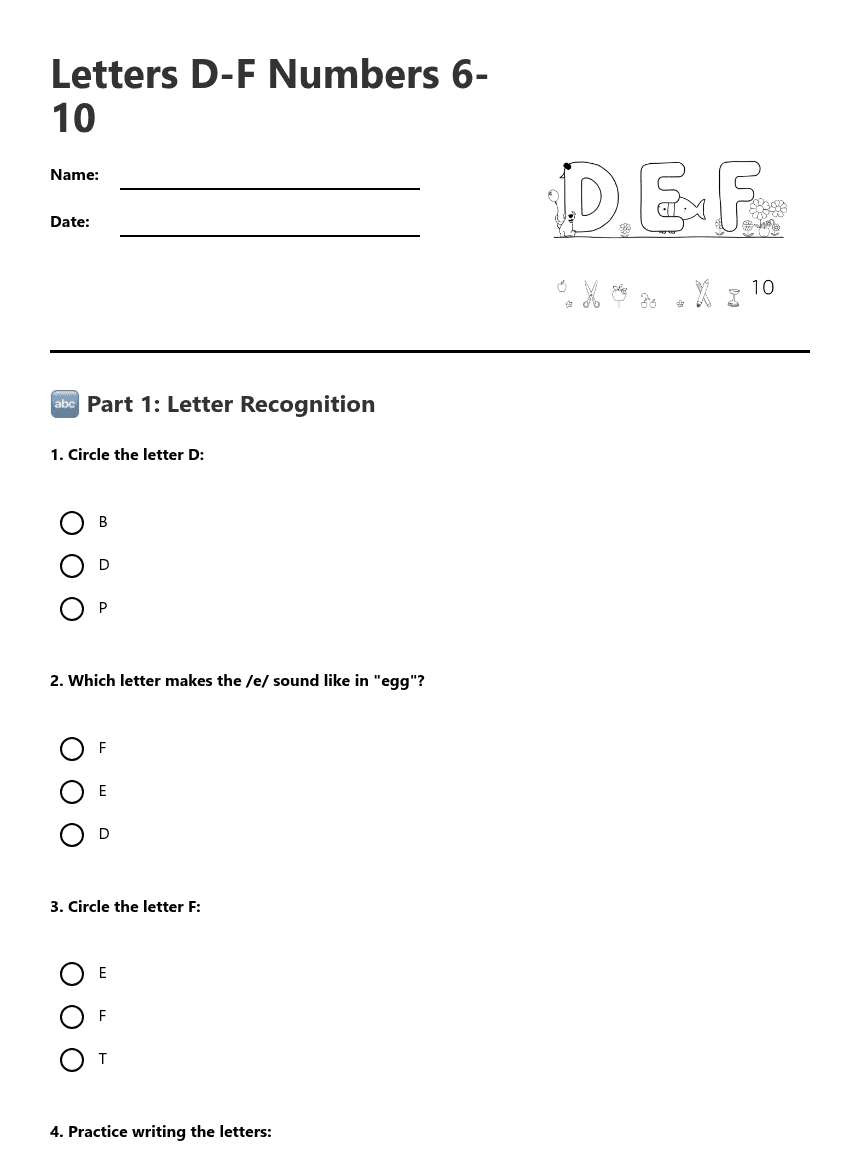 Letters D-F Numbers 6-10 worksheet preview
