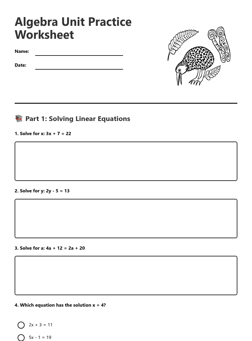 Algebra Unit Practice Worksheet worksheet preview