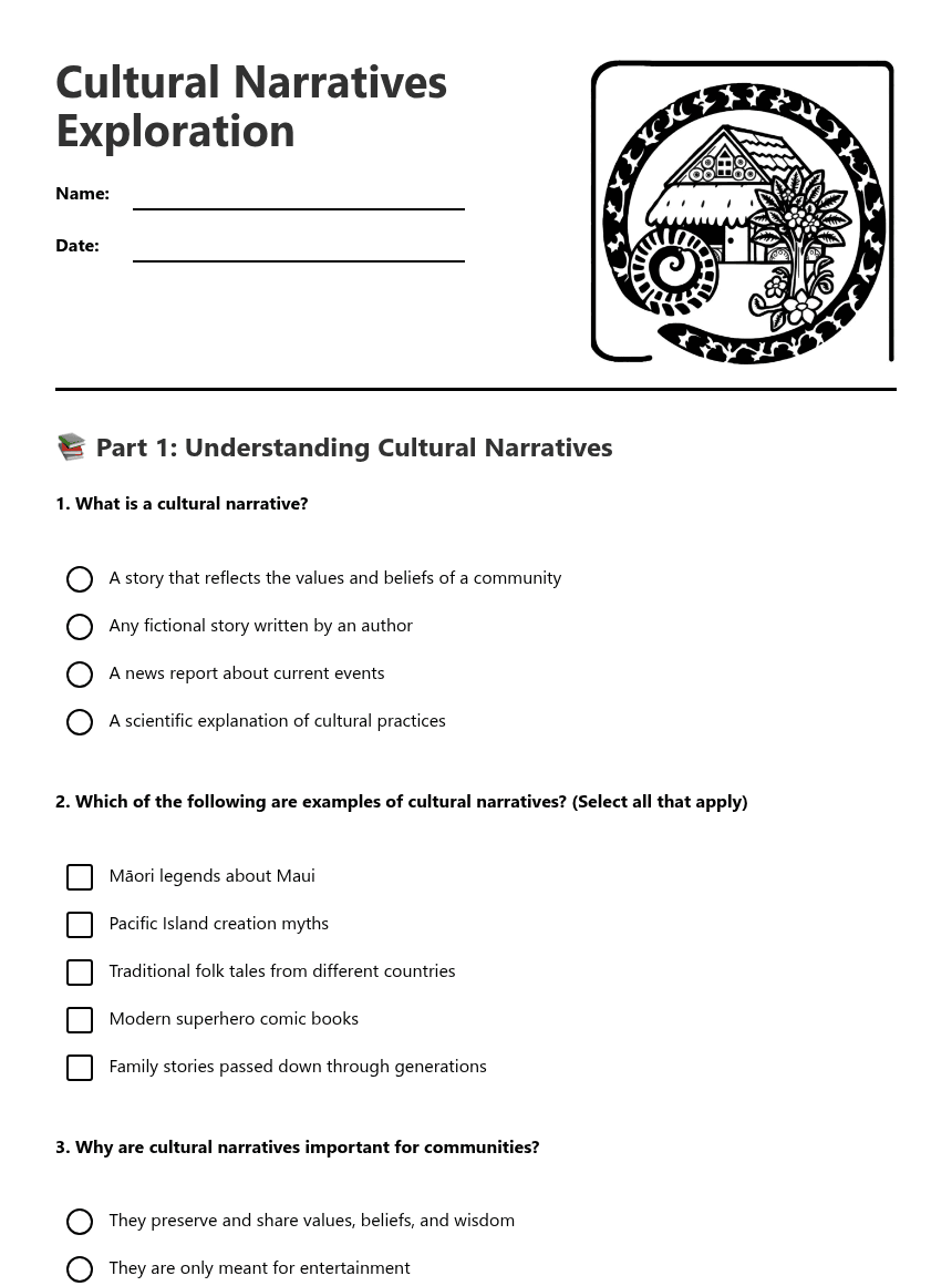 Cultural Narratives Exploration worksheet preview