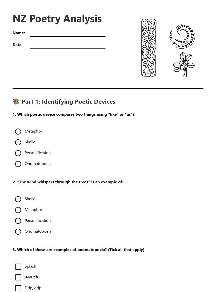 NZ Poetry Analysis worksheet preview