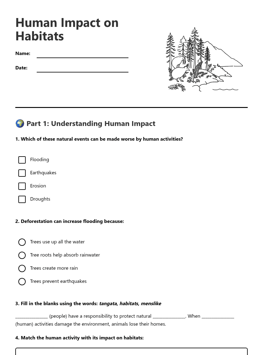Human Impact on Habitats worksheet preview