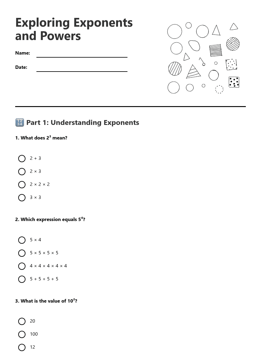 Exploring Exponents and Powers worksheet preview