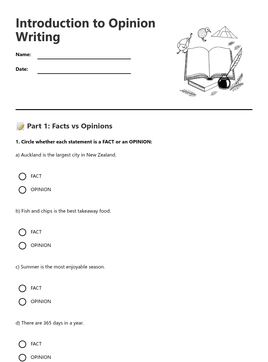 Introduction to Opinion Writing worksheet preview