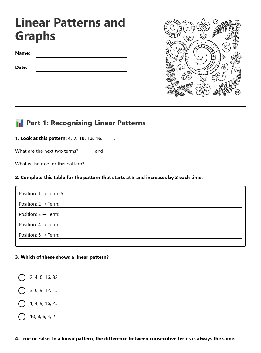 Linear Patterns and Graphs worksheet preview