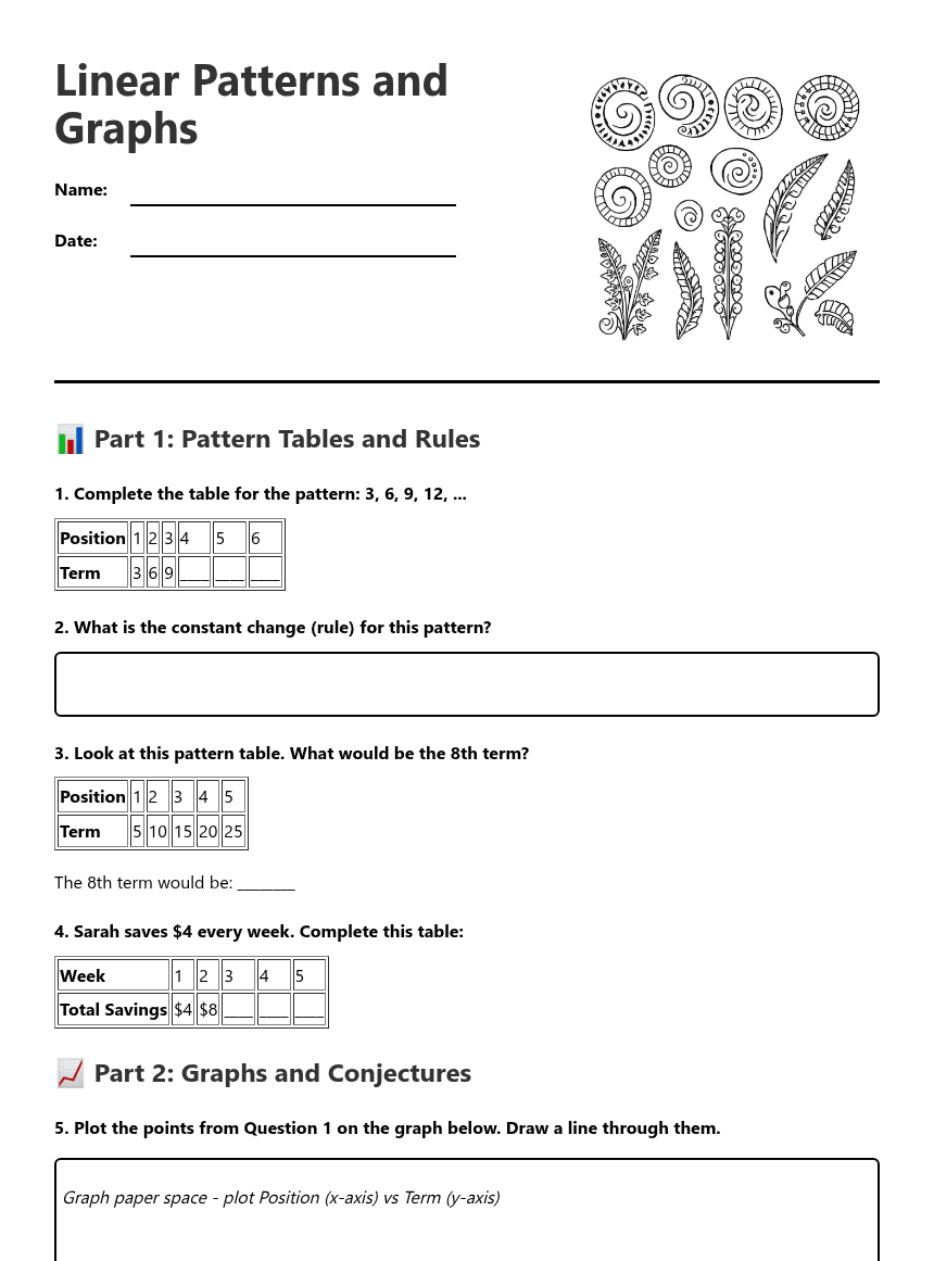 Linear Patterns and Graphs worksheet preview