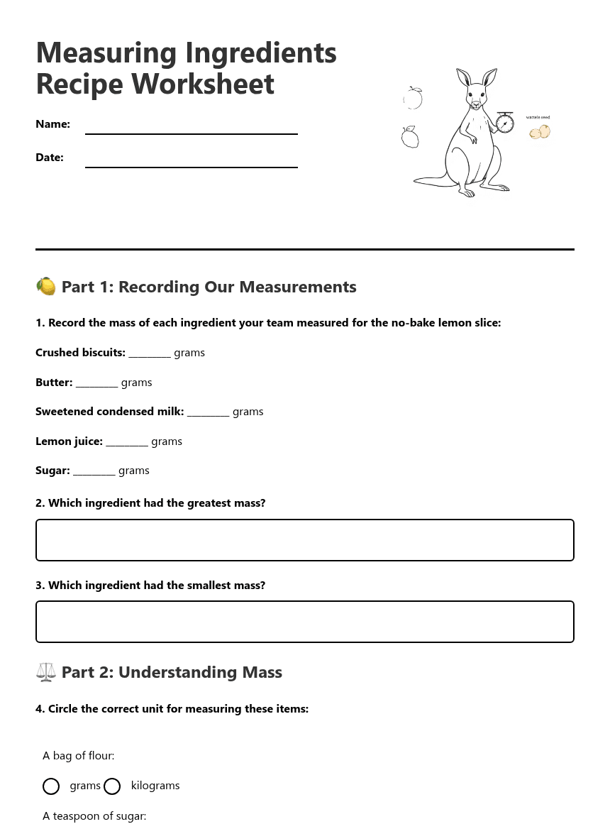 Measuring Ingredients Recipe Worksheet worksheet preview