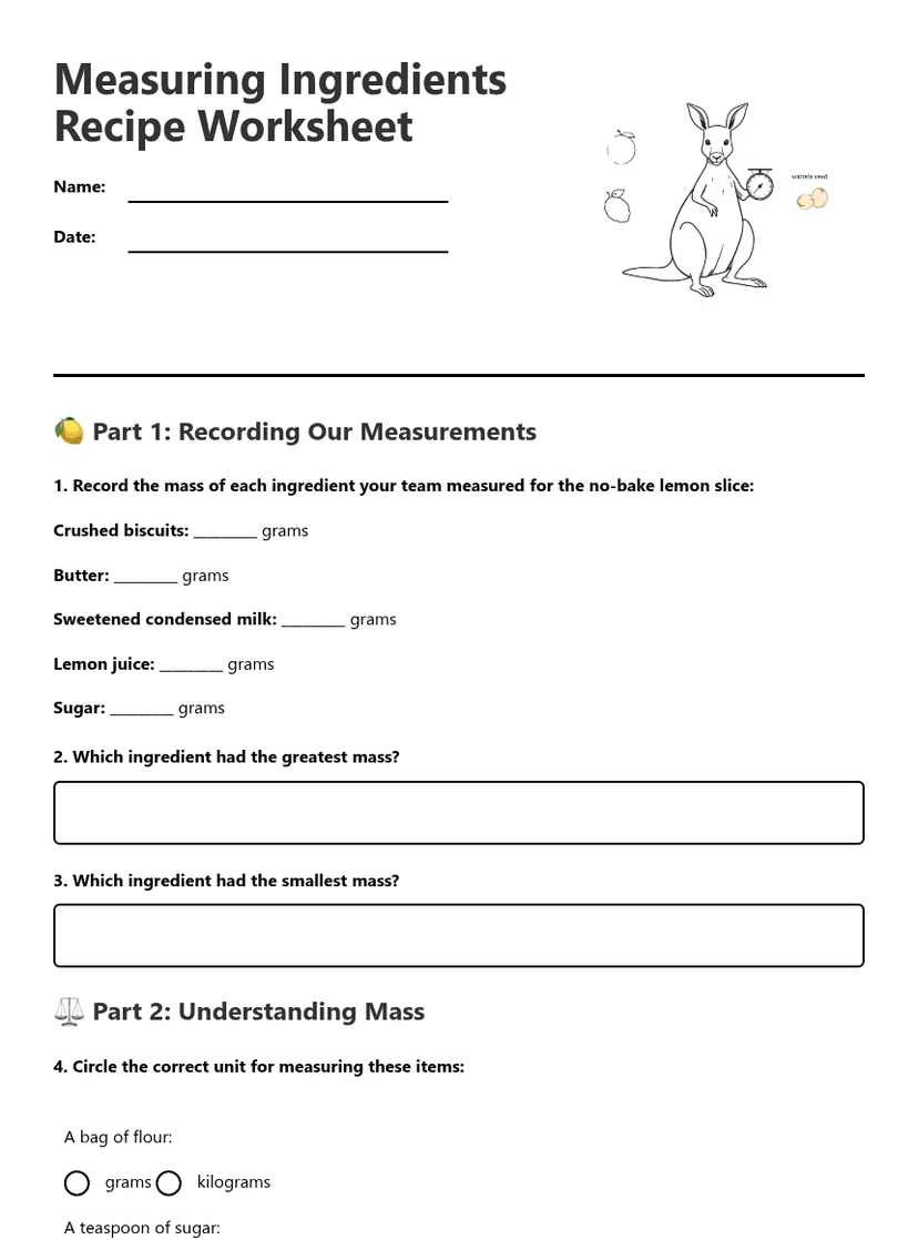 Measuring Ingredients Recipe Worksheet