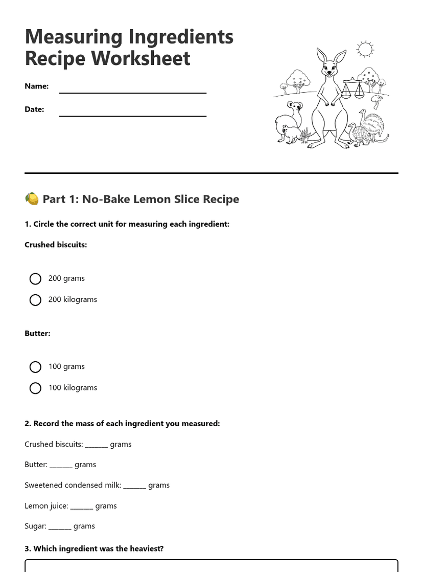 Measuring Ingredients Recipe Worksheet