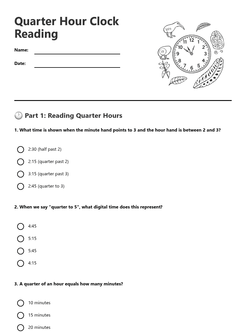 Quarter Hour Clock Reading worksheet preview