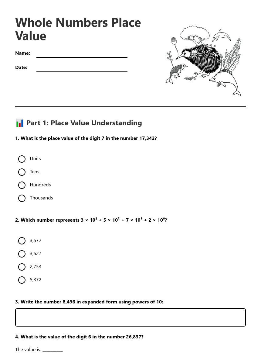 Whole Numbers Place Value worksheet preview