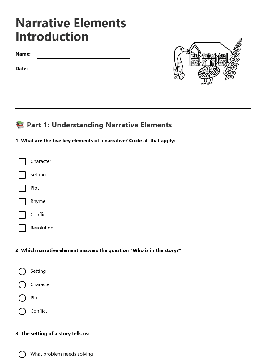 Narrative Elements Introduction worksheet preview