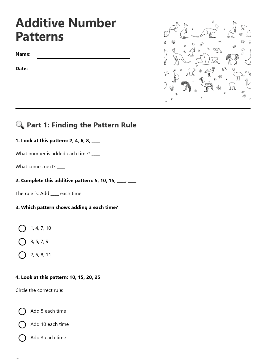Additive Number Patterns worksheet preview