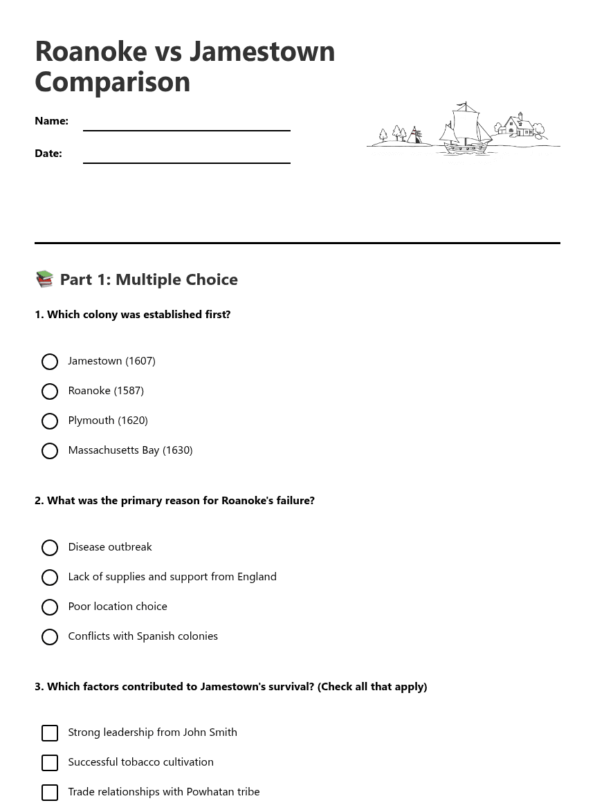 Roanoke vs Jamestown Comparison worksheet preview