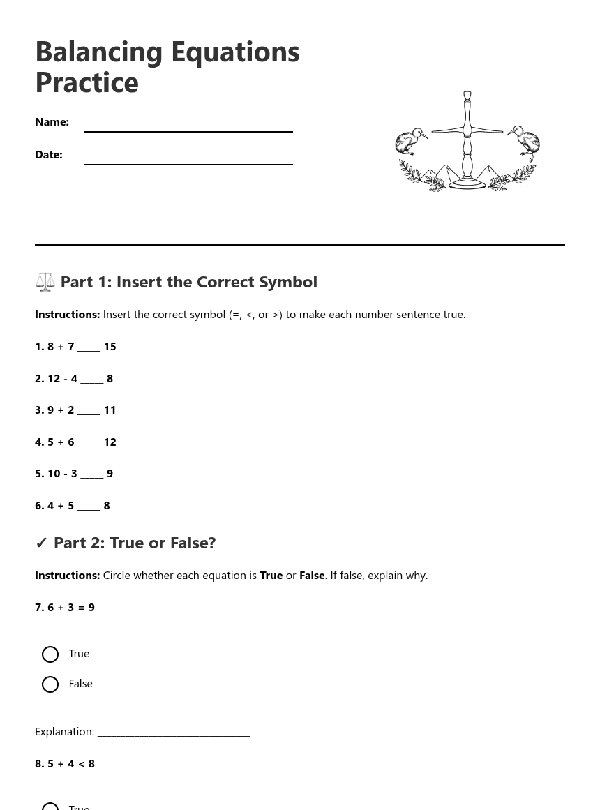 Balancing Equations Practice worksheet preview