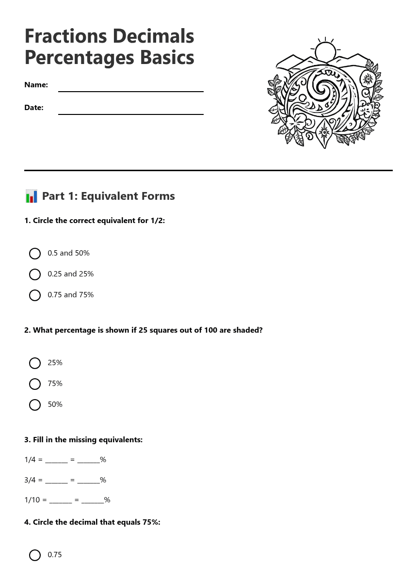 Fractions Decimals Percentages Basics worksheet preview