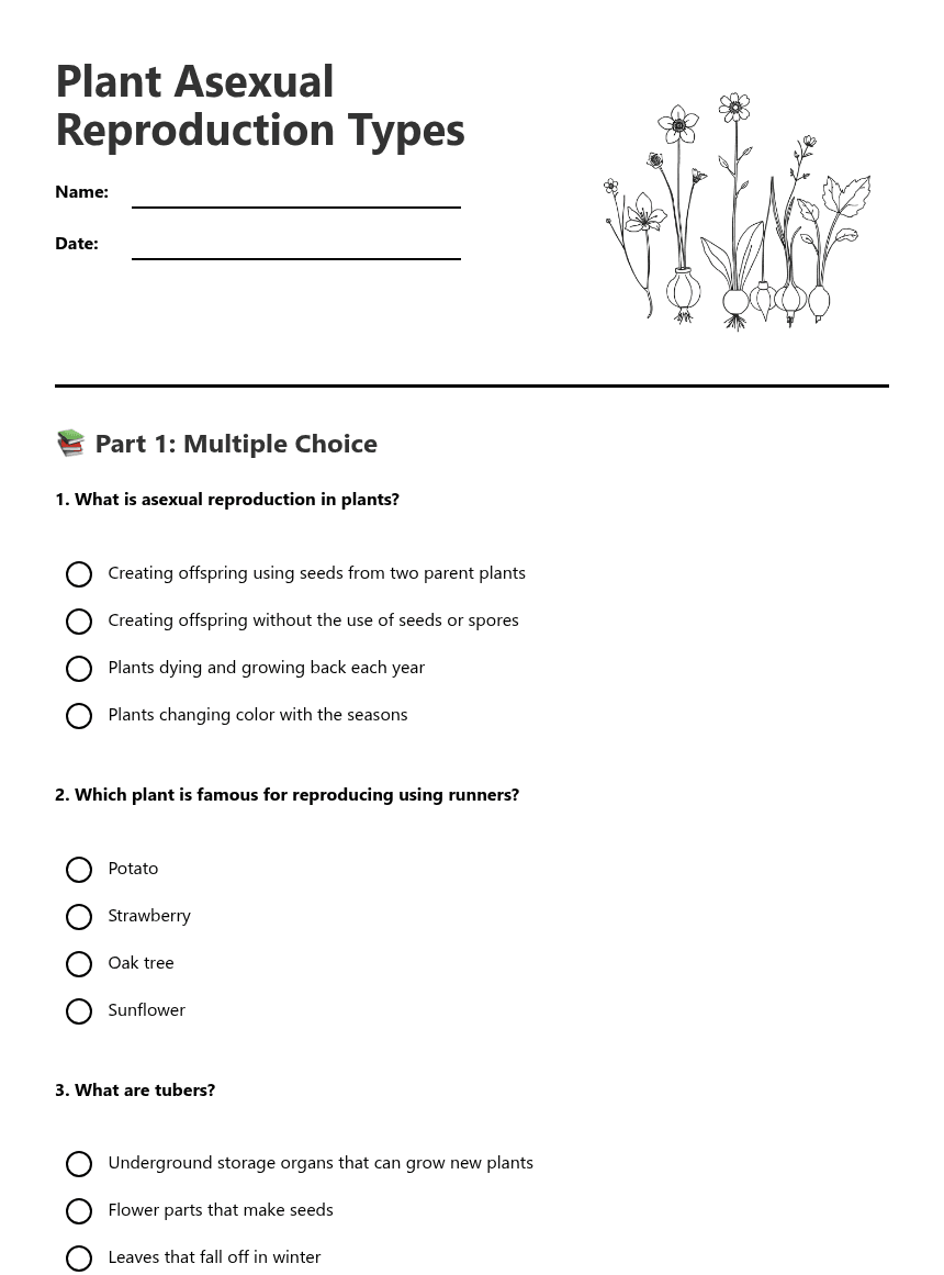 Plant Asexual Reproduction Types worksheet preview