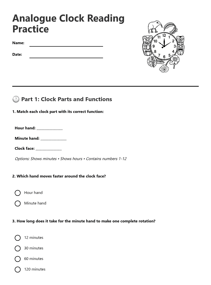 Analogue Clock Reading Practice worksheet preview