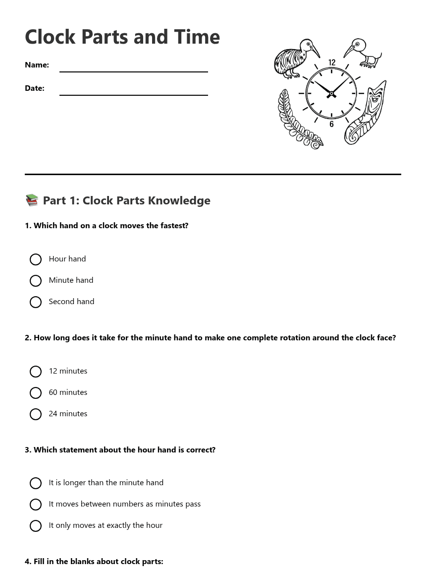 Clock Parts and Time worksheet preview