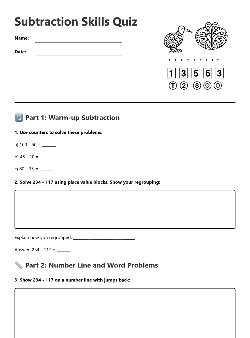 Subtraction Skills Quiz worksheet preview