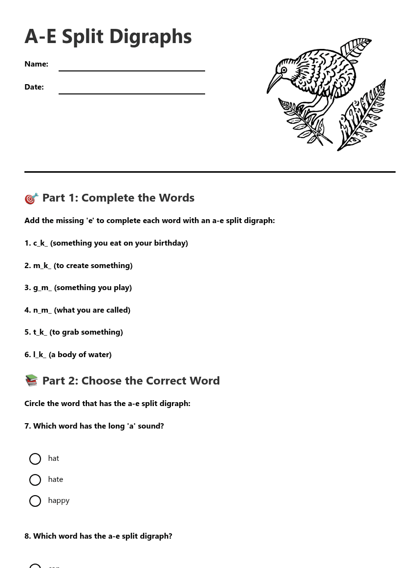 A-E Split Digraphs worksheet preview