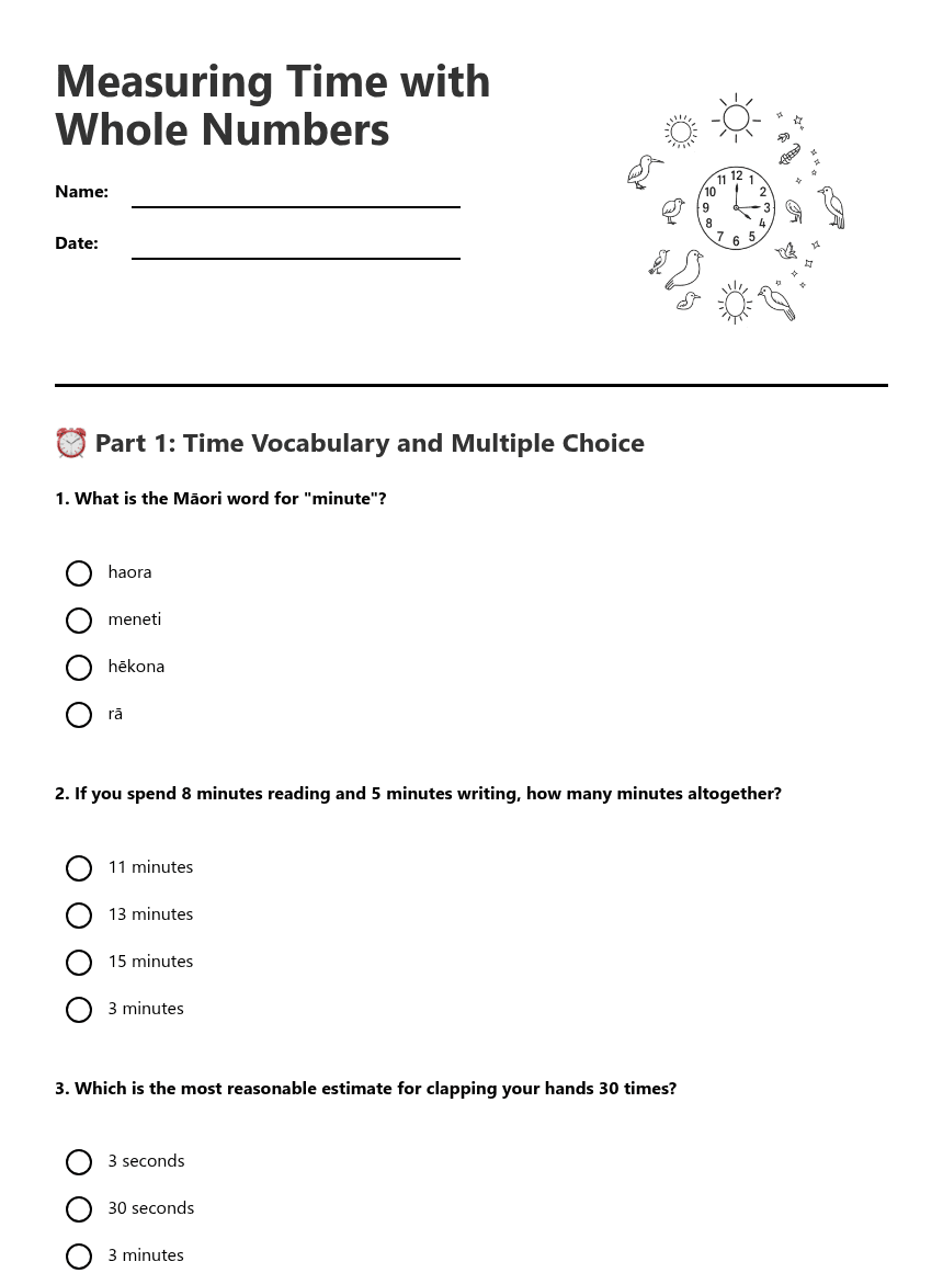 Measuring Time with Whole Numbers worksheet preview