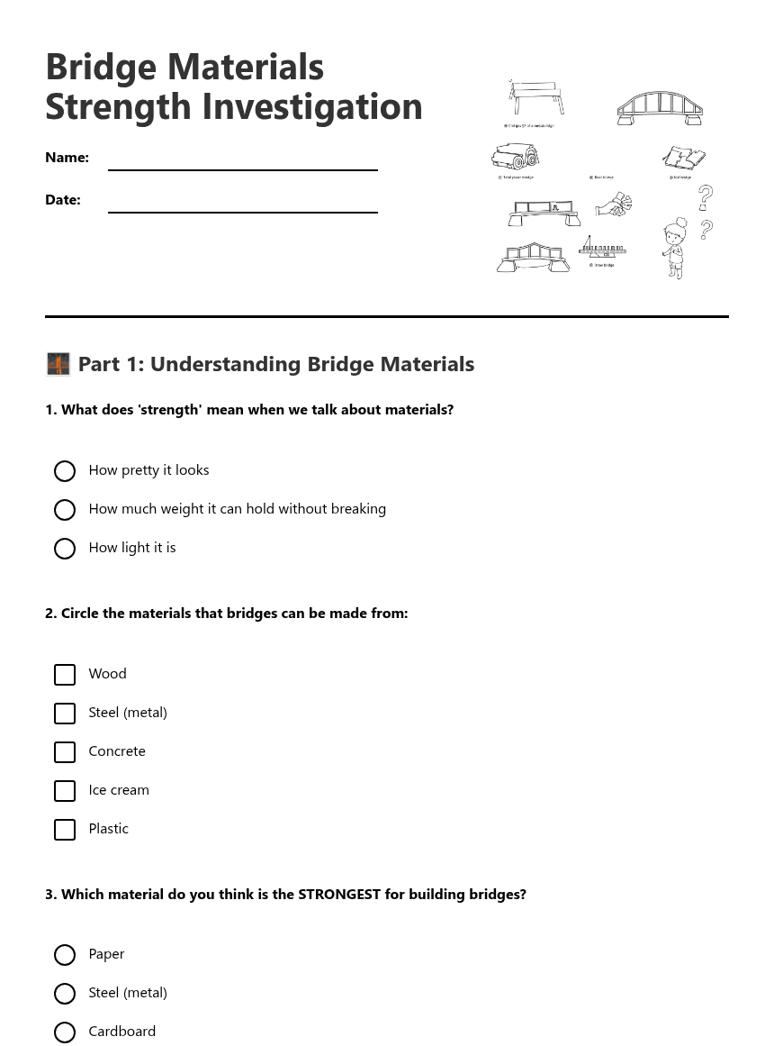 Bridge Materials Strength Investigation worksheet preview