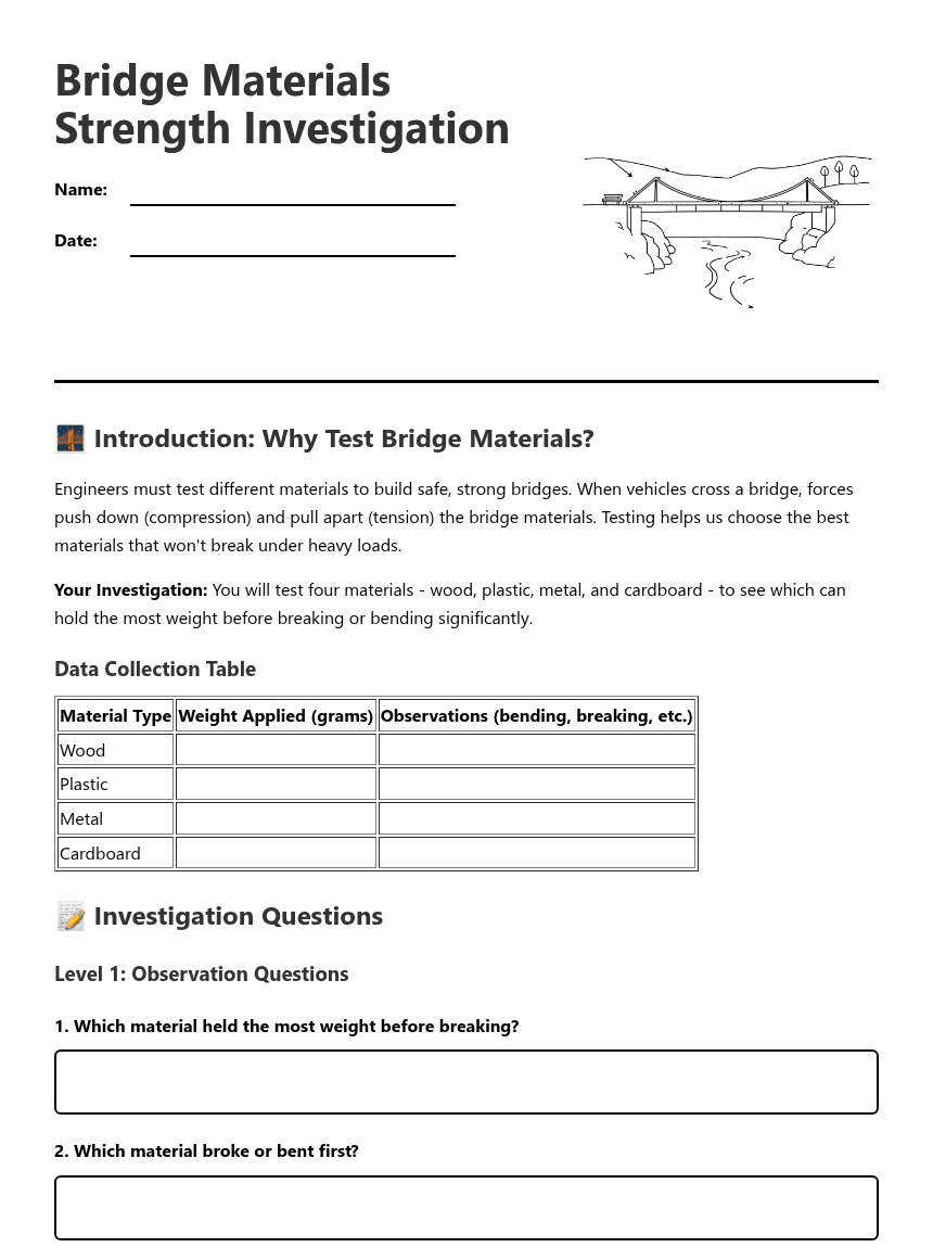Bridge Materials Strength Investigation worksheet preview