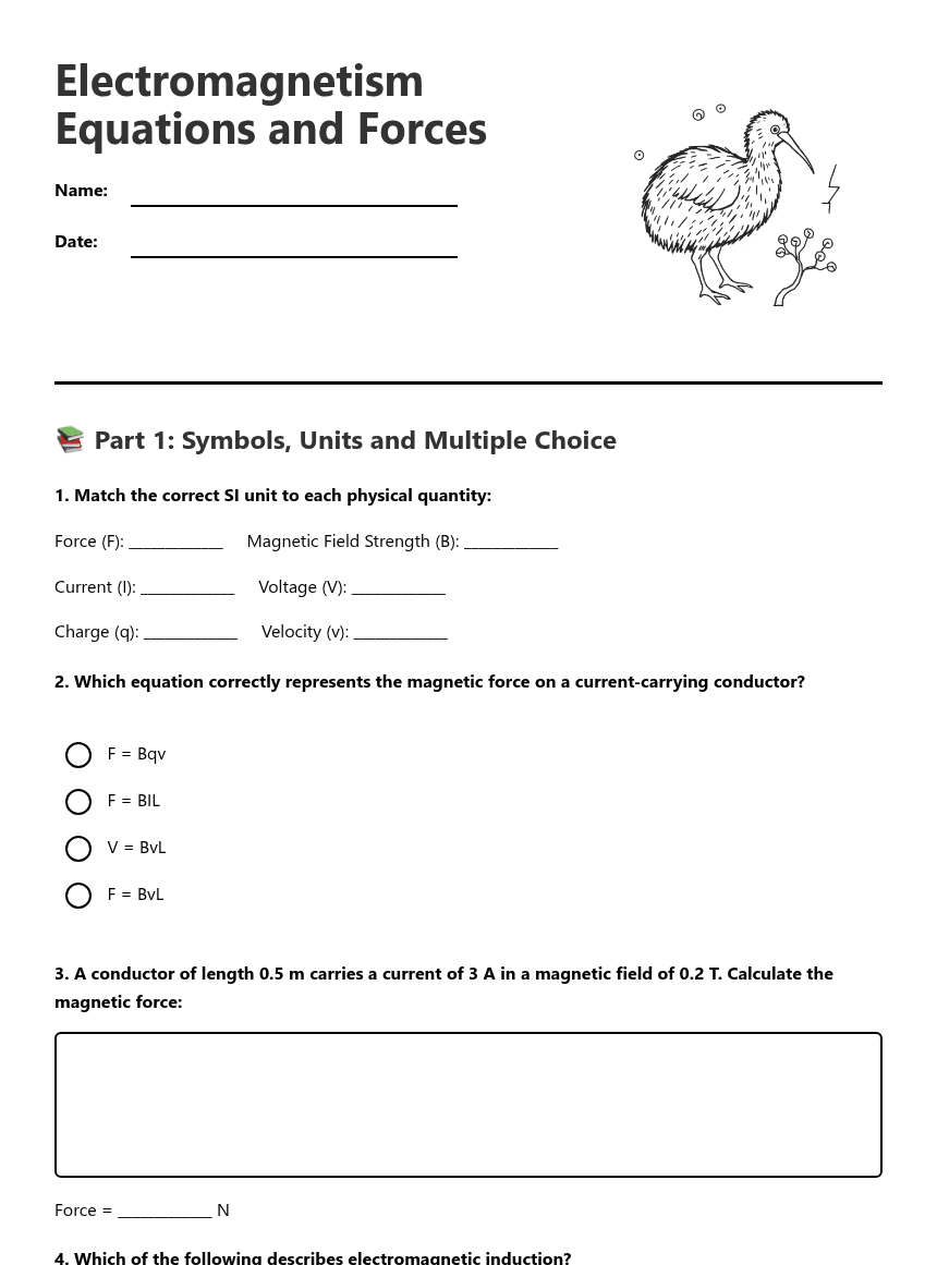 Electromagnetism Equations and Forces worksheet preview