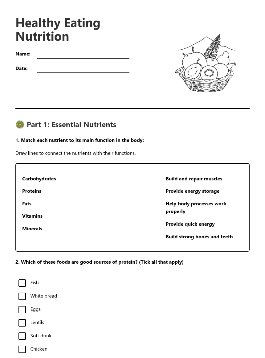 Healthy Eating Nutrition worksheet preview