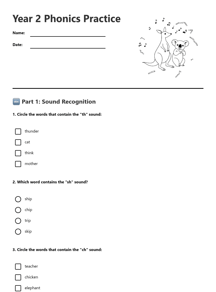 Year 2 Phonics Practice worksheet preview
