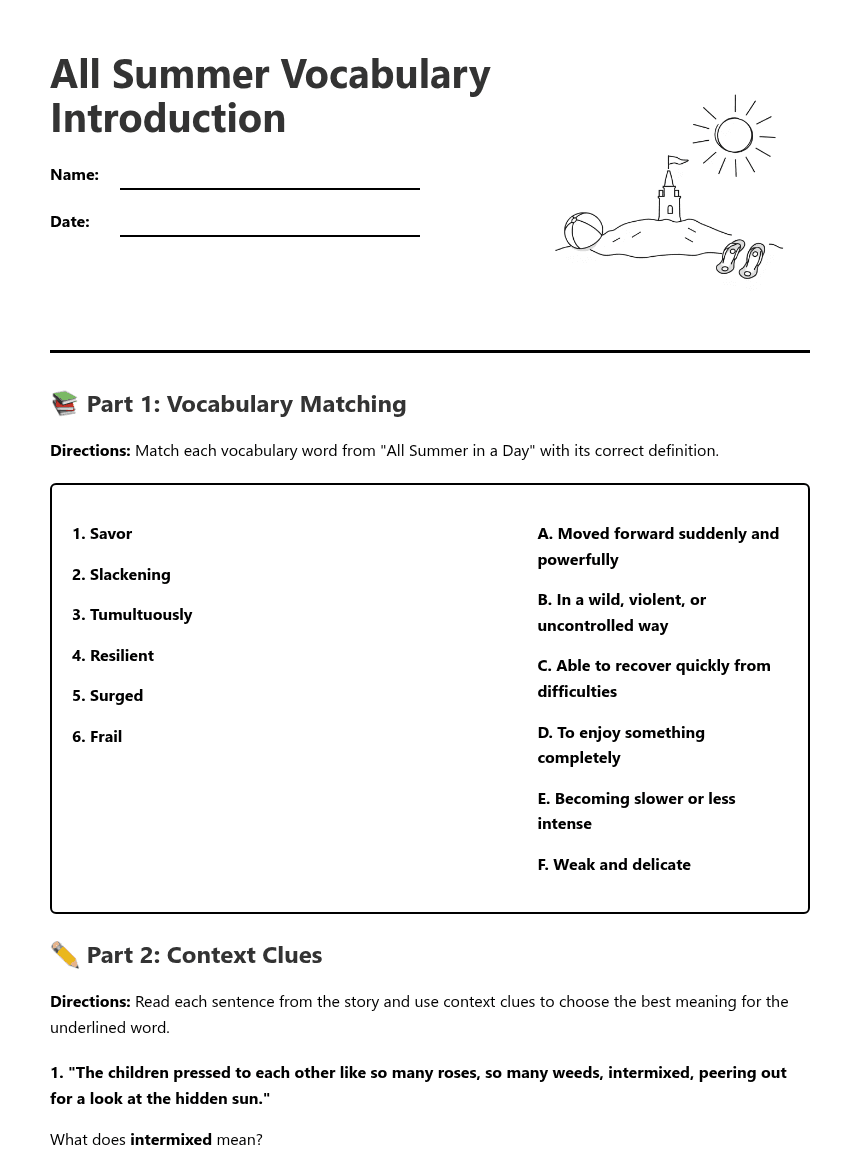All Summer Vocabulary Introduction worksheet preview