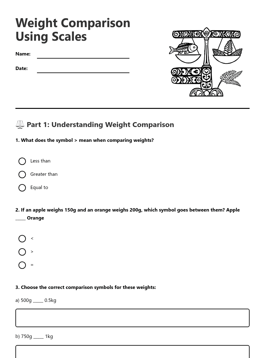 Weight Comparison Using Scales worksheet preview