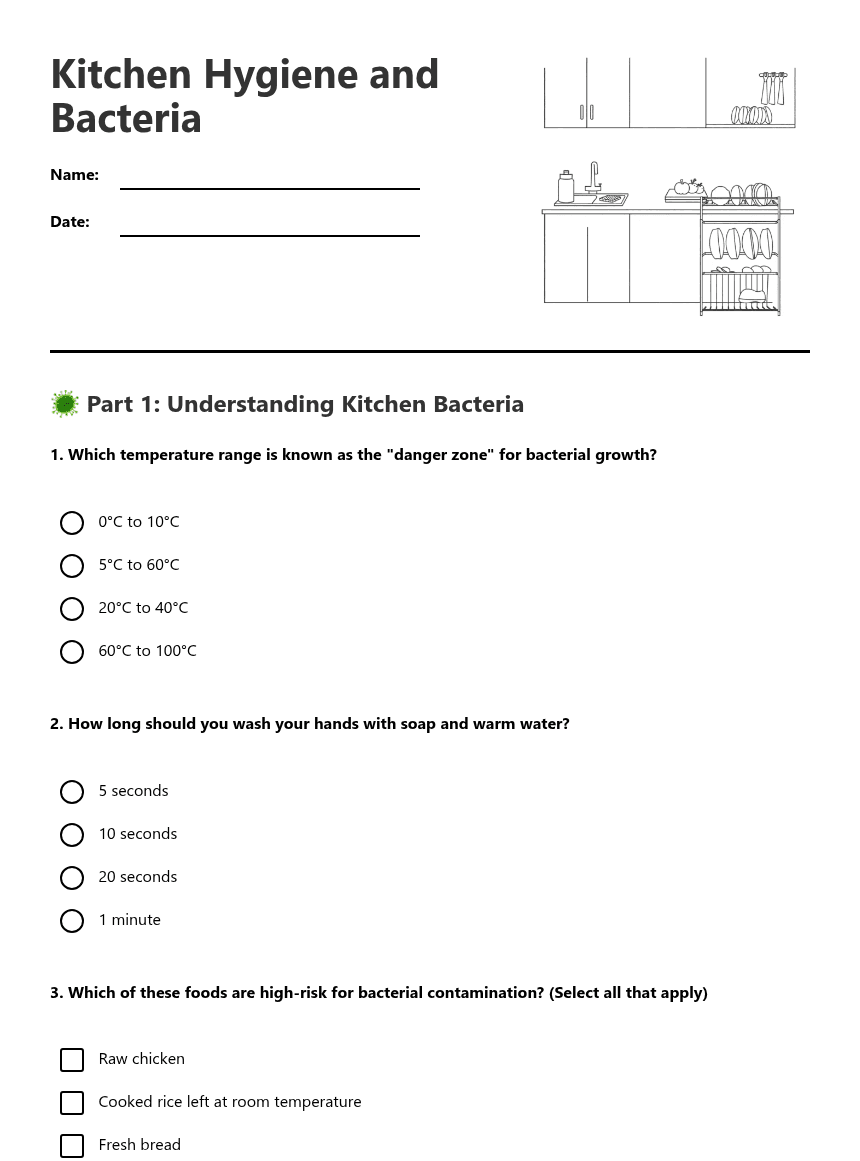 Kitchen Hygiene and Bacteria worksheet preview